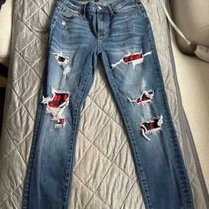 Distressed Judy Blue Jeans with Buffalo Plaid Peekaboo’s!